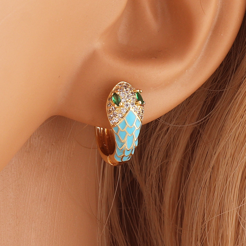 Fashion Snake Copper Hoop Earrings Enamel Zircon Copper Earrings