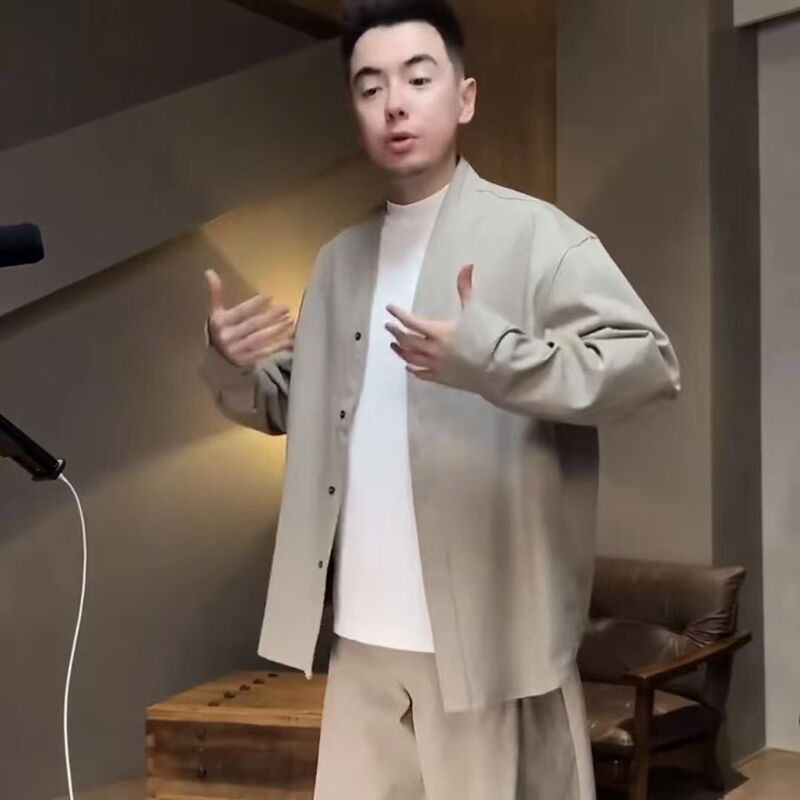 【高品质】时尚百搭潮流轻奢致雅亲肤V领长袖衬衫极简无领道袍套|undefined