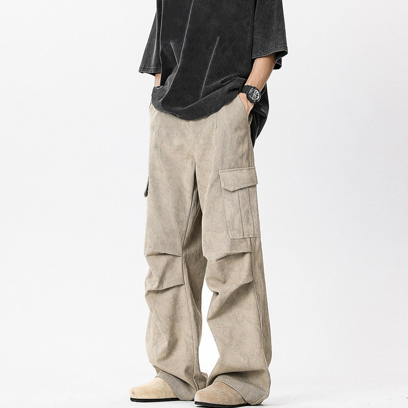 Marble-patterned pleated design jeans for men, new American high street fashion brand, vintage loose straight-leg pants for men