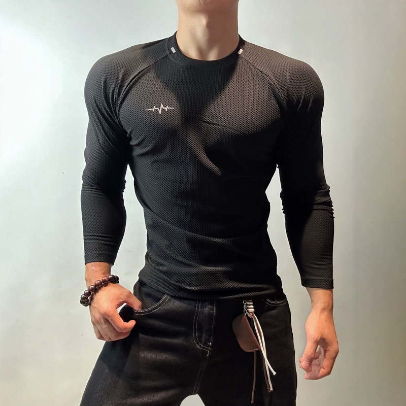 American-style honeycomb texture cool-touch quick-dry fitness long-sleeve men's stretch slim-fit training sports T-shirt, new autumn model American-style honeycomb texture cool-touch quick-dry fitness long-sleeve men's stretch slim-fit training sports T-shirt, new autumn model