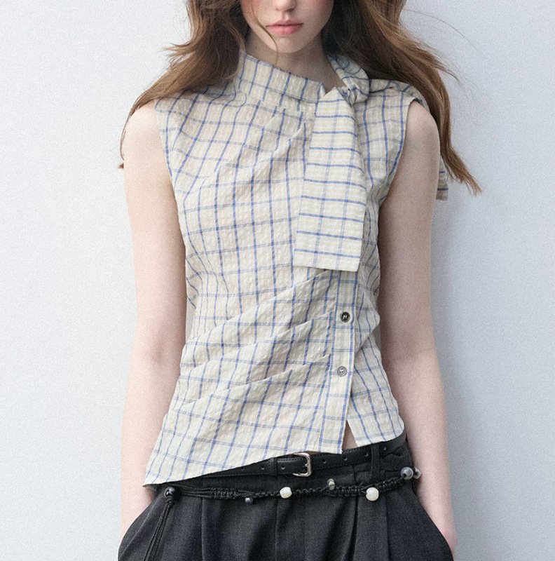 Luamos Plaid High-Neck Tie-Waist Top for Women, New Slim-Fit, Elegant and Versatile Shirt Luamos Plaid High-Neck Tie-Waist Top for Women, New Slim-Fit, Elegant and Versatile Shirt