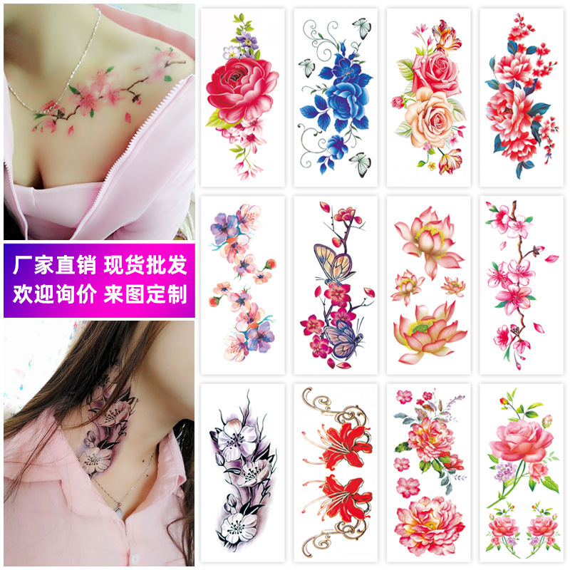 Waterproof and Sweatproof Women's Flower Tattoo Sticker Women's Flower Rose Peony Plum Blossom Tattoo Sticker Semi-Permanent