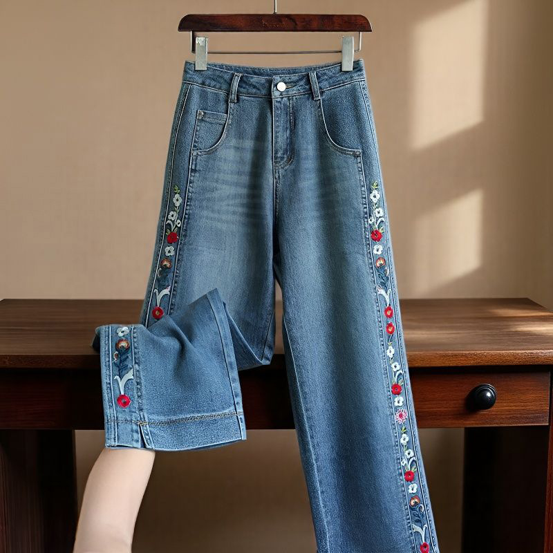 Chinese Style New Heavy Embroidery Washed Straight-Leg Jeans for Women, New High-Waisted Wide-Leg Pants with Floral Patterns on Both Sides