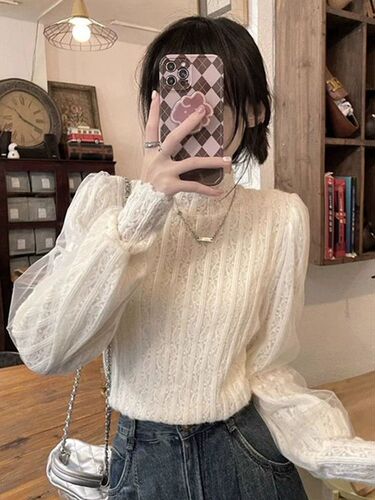 Semi-high-neck lace base shirt for women's autumn and winter new style interior with velvet thick lanterns, long-sleeved shirt