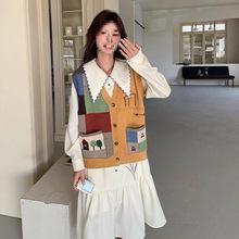 拼接针织拼接马甲刺绣娃娃领连衣裙女春秋2025新款减龄气质两件套