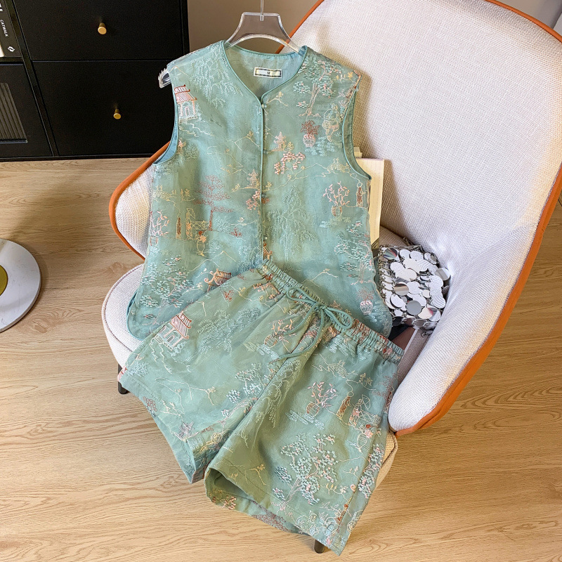 リアルショット夏の新しい中国風スーツ女性用マルベリーシルクオーガンザ重工業錆花ショートトップ+ショーツ|undefined