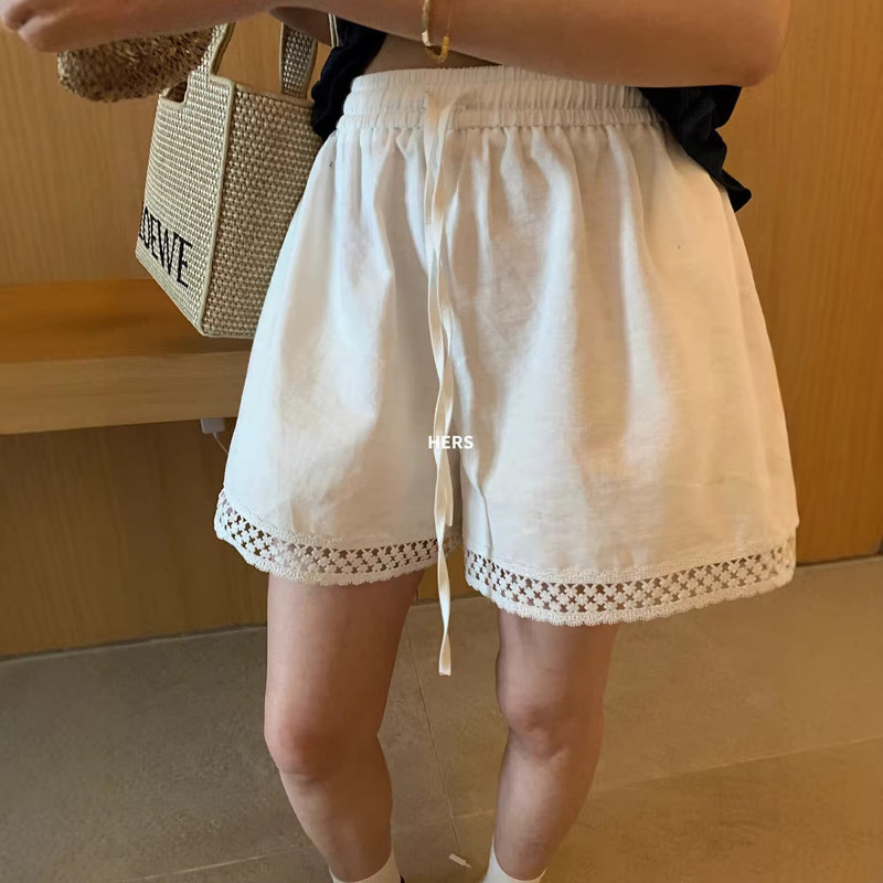 Lace Hollow-Out Off-White Linen Shorts for Women, Summer Thin Loose Wide-Leg Pants, Vacation Casual Sports Shorts Lace Hollow-Out Off-White Linen Shorts for Women, Summer Thin Loose Wide-Leg Pants, Vacation Casual Sports Shorts