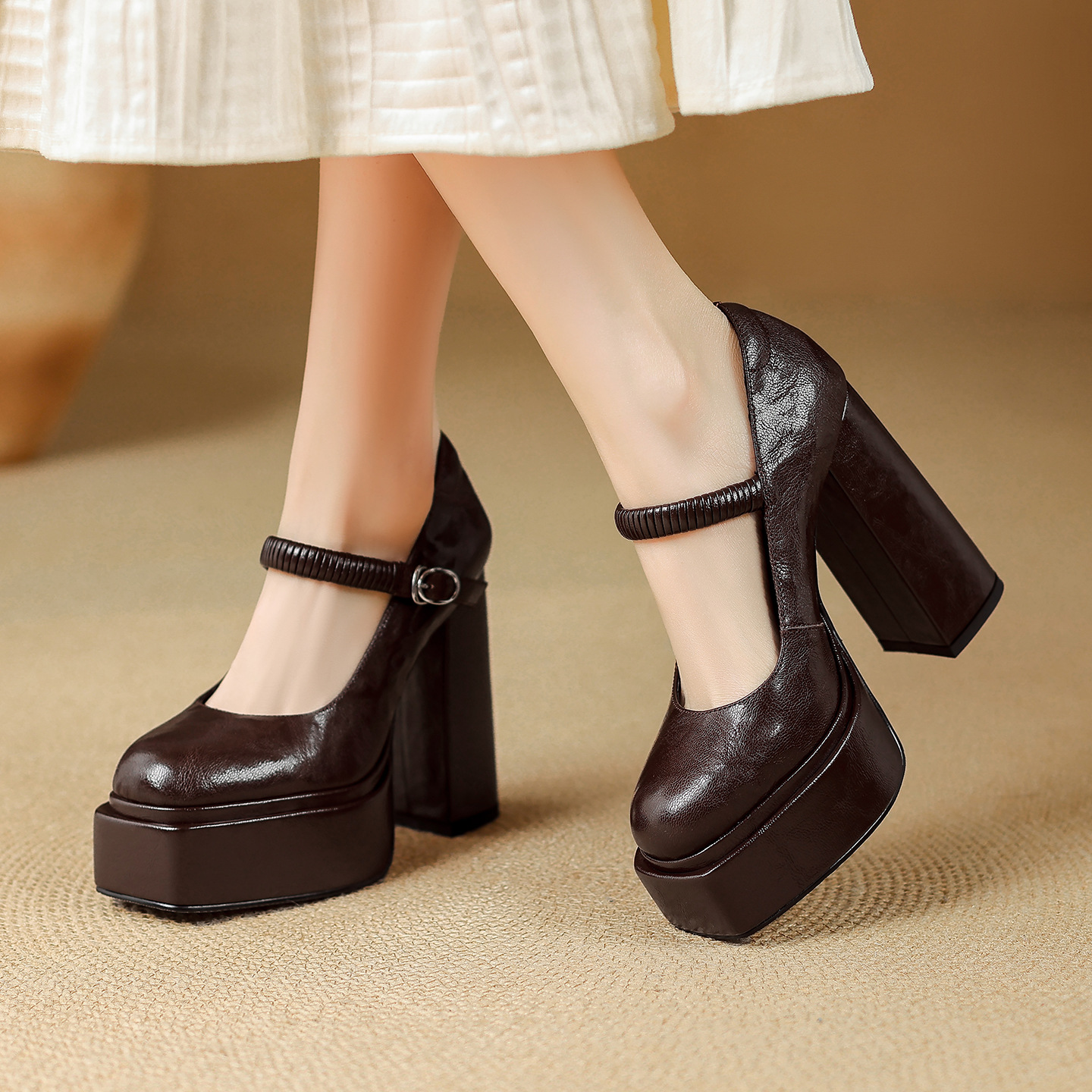Giày cao gót nữ mũi nhọn quai ngang đế xuồng platform gót 9 cm — màu nâu, màu đen