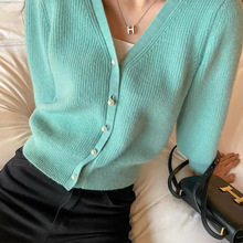 法单M家 2021早秋 气质优雅V领珍珠扣泡泡长袖针织开衫11071清货