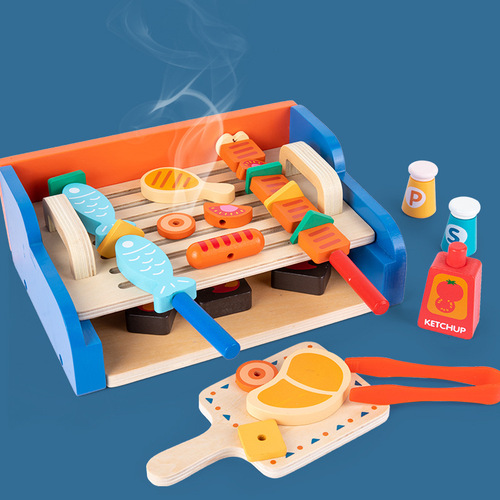 Wooden BBQ grill 2-3-5-6 year old boys and girls play house simulation barbecue children's kitchen wooden toys