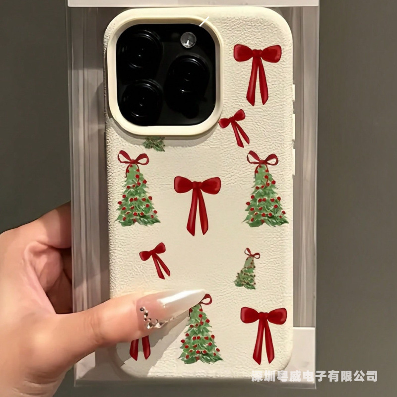 Bow Christmas Tree Suitable for 17 Apple 16Pro Mobile Phone Case 15Pro Imitation Leather Texture 14 Cross-Border 13 Festival 12 Explosion