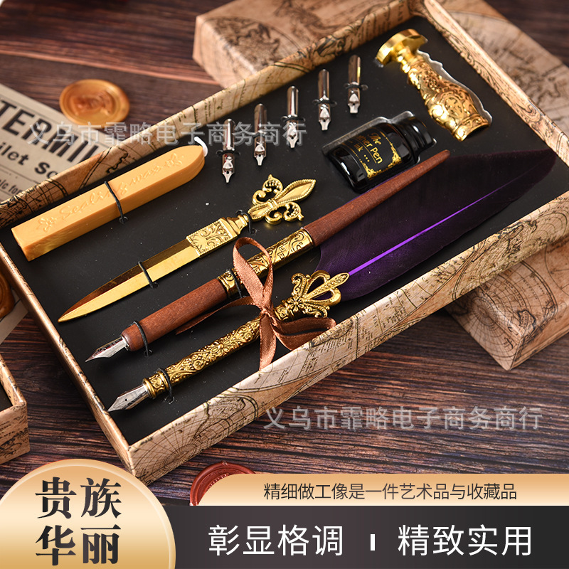 European-style colored feather dip pen set with wooden handle calligraphy pen, multiple replaceable calligraphy nibs, creative gift set