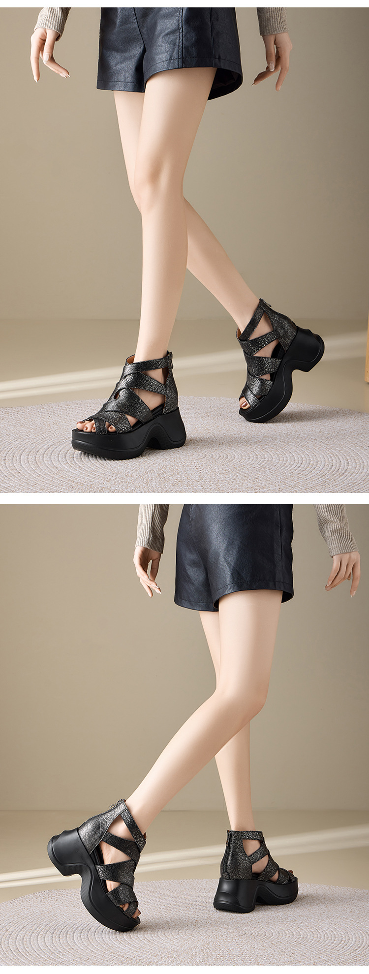 Sandal cao gót nữ đế xuồng hở mũi phong cách La Mã, gót 10 cm — màu đen, Vàng nhạt chi tiết 10