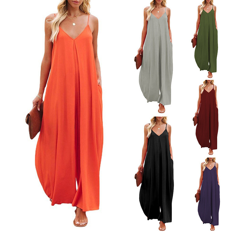 Amazon European and American Style Women's Wide-Leg Jumpsuit with Suspenders, 2026 Summer New Cross-Border Solid Color Casual Jumpsuit with Pockets