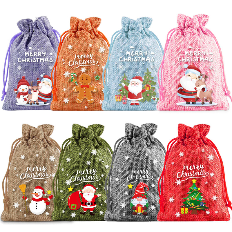 Cross-Border Christmas Burlap Drawstring Bags, Cross-Border Party Holiday Gift Bags, Drawstring Children's Cartoon Candy Bags, Burlap Bags