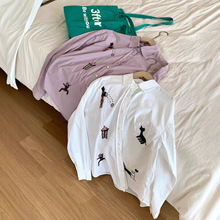 2536 森系卡通小猫刺绣长袖衬衫 女2025秋装新款显瘦中长款上衣