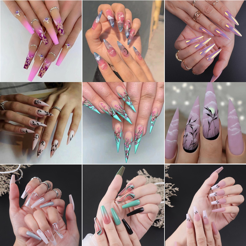 O2 Long European and American Wearable Nails Removable Fake Nail Patches Pointed Nails Manicure Patches Press on Nails