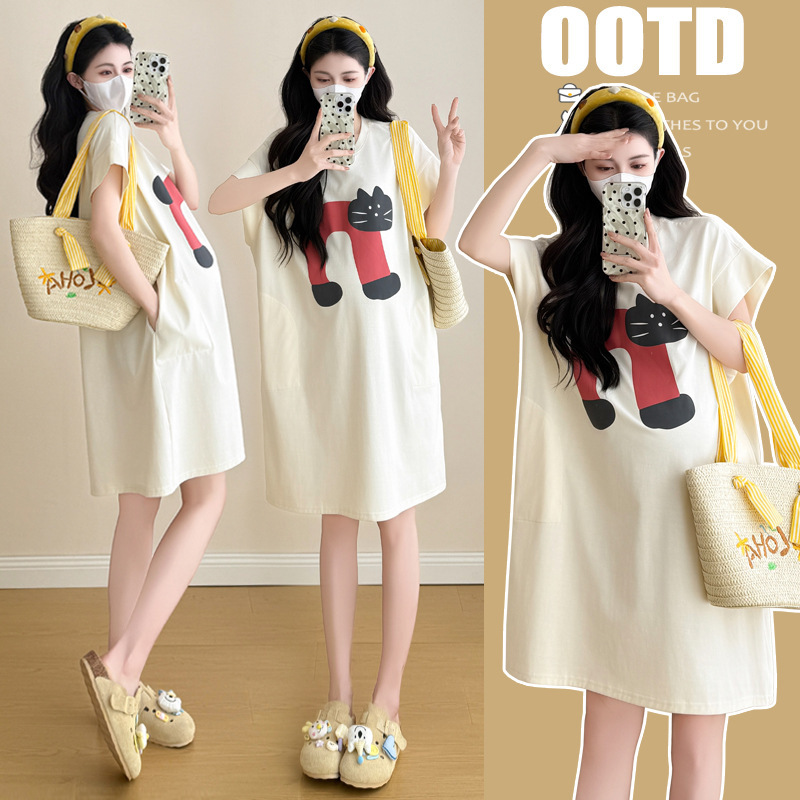 Maternity Dress Summer 2025 New Style Apricot Color Loose Fit, Tummy-Concealing, Slimming, Casual Fashion Trendy Mom Short-Sleeve Mid-Length Dress