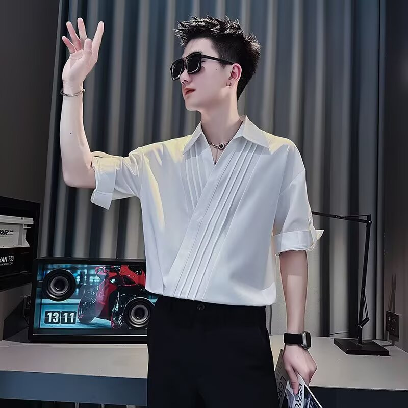 Summer New Style Diagonal Placket Pleated Short-Sleeved Shirt for Men, High-End Casual White Shirt, Half-Sleeved Versatile Top, Trendy