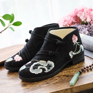 Women's Short Boots Cotton Shoes Bare Boots Lotus Embroidered Cloth Shoes Single-layer Shoes Embroidered Boots Women's Shoes Canvas Sponge Lined