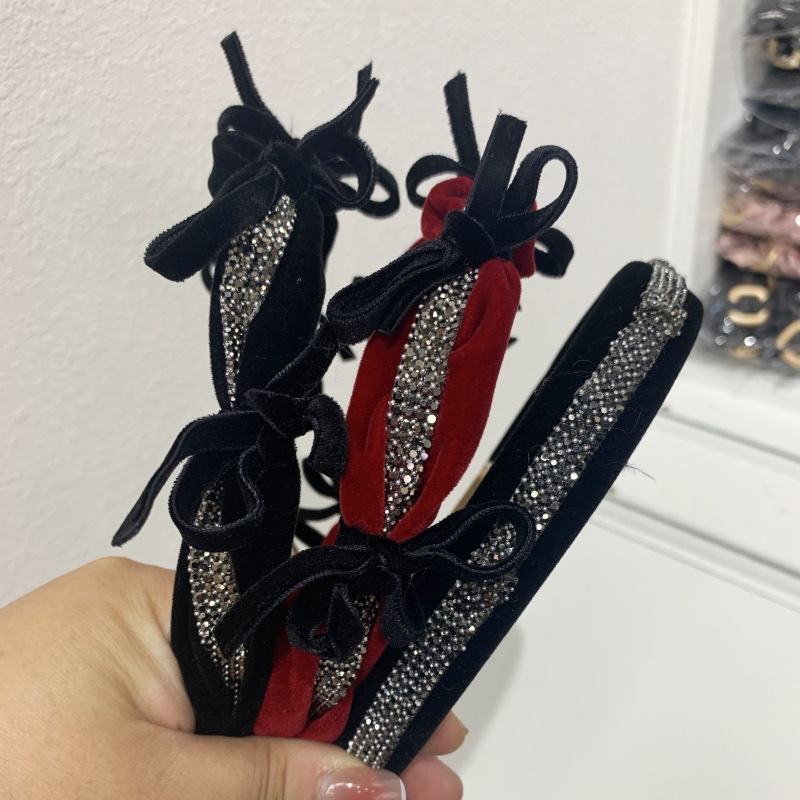 Black temperament small fragrance style rhinestone chain autumn and winter new product bow hoop sweet hair accessory_voghion.com