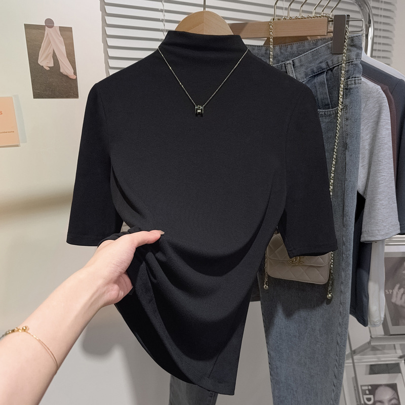 右肩黒ハーフタートルネックミッドスリーブTシャツ女性用2025早春インナーリブニットボトムシャツ七分袖トップ|undefined