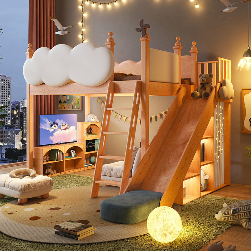 Bunk Bed Half-Height Bed Bunk Bed Solid Wood Princess Bunk Bed Children's Room Tree House Slide Bed Girl High and Low Bed