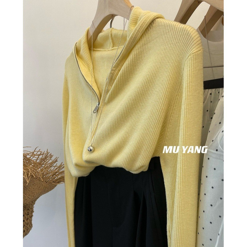 Reproduce the classic! South Korea Fine Wool Hooded Zipper Long Sleeve Knit Thin Sweater Cardigan Jacket