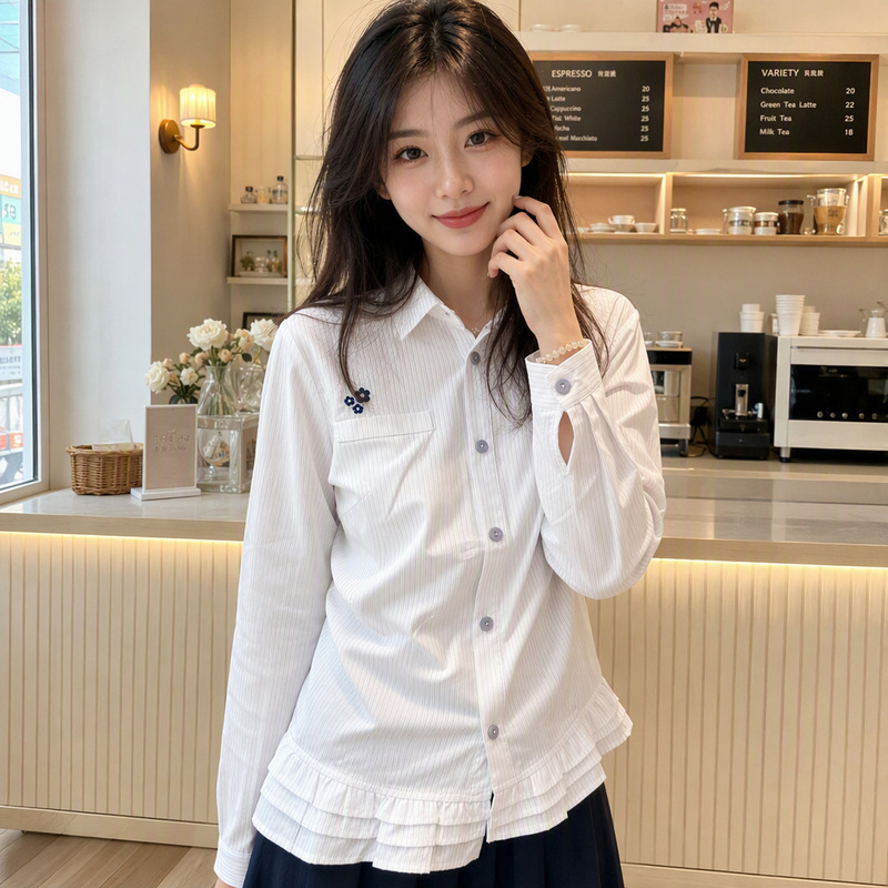 Spring and Autumn New Style Floral Embroidered Long-Sleeve Vertical Striped Shirt for Women, Cute and Versatile with Ruffles, Slim-Fit Inner Top