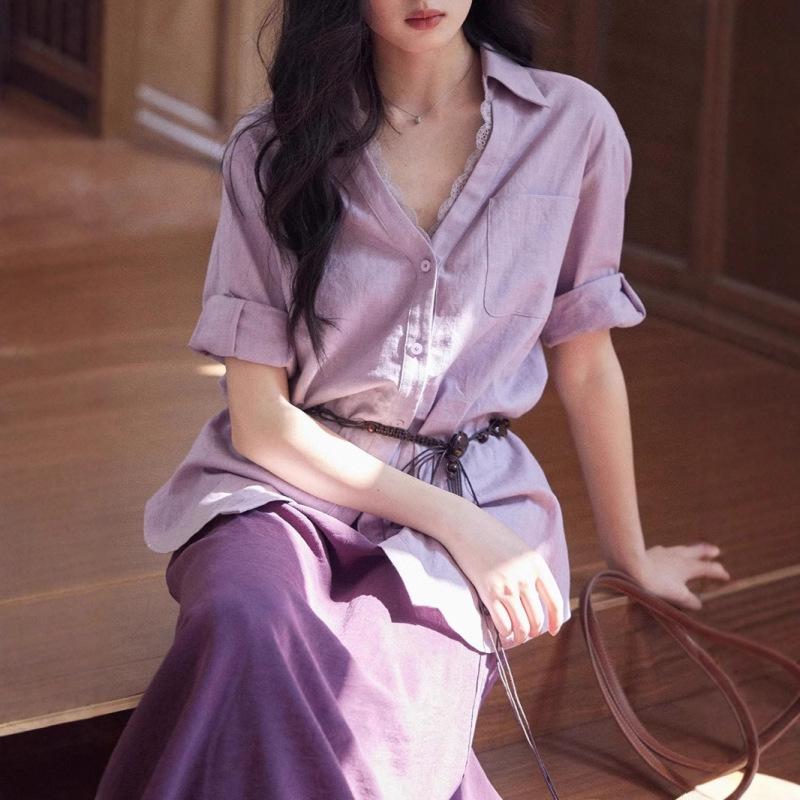 Er Yang Design [Jin Shu] Ramie Cotton Elegant Lace V-Neck Shirt for Women, Loose Half-Sleeve Commuter Top