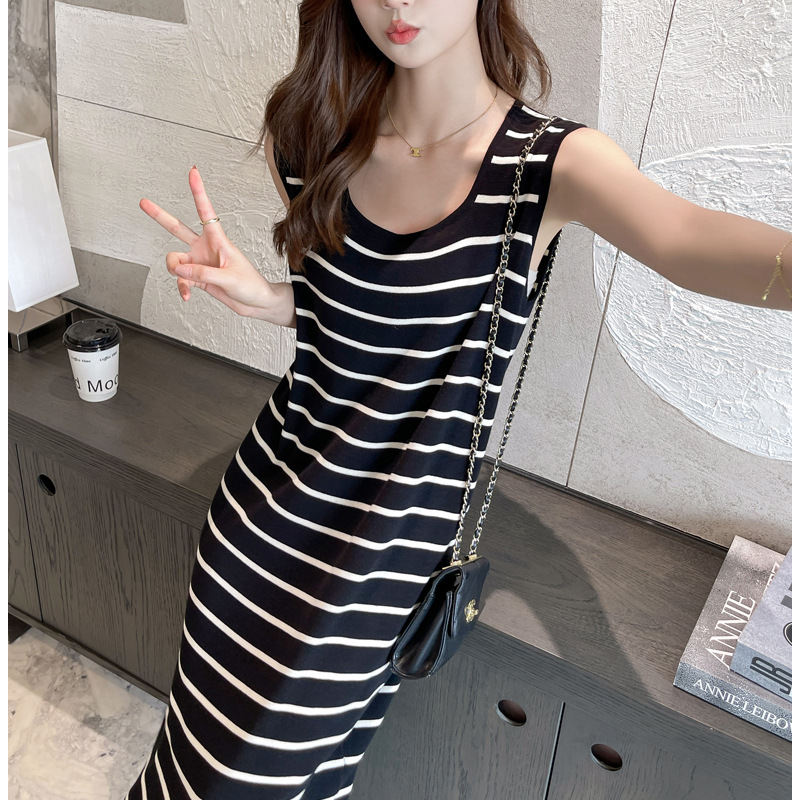 Knitted Striped Tank Top Long Dress Women's U-Neck Loose Dress 2026 Summer High-End Style for Petite Women