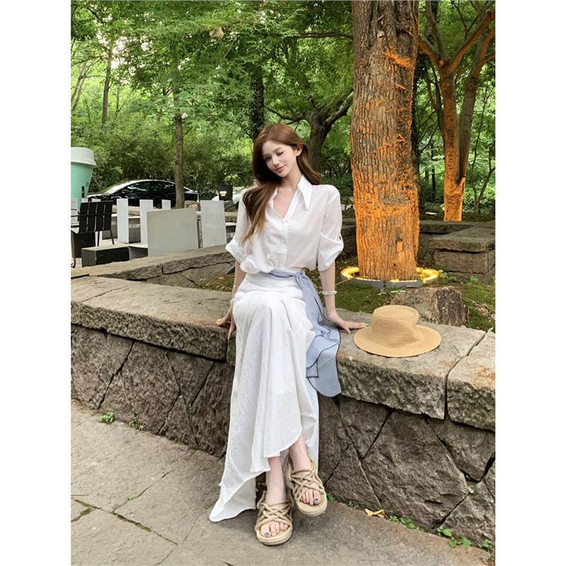 気質白ポロカラー半袖シャツトップ女性の夏のファッションスーツハイウエストスカートロングスカート 2 点セット|undefined