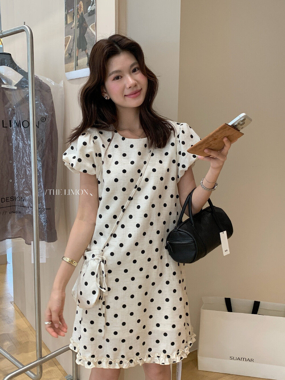 Đầm maxi nữ chất liệu tencel linen chấm bi tay bồng cổ điển — Gai mè chi tiết 15