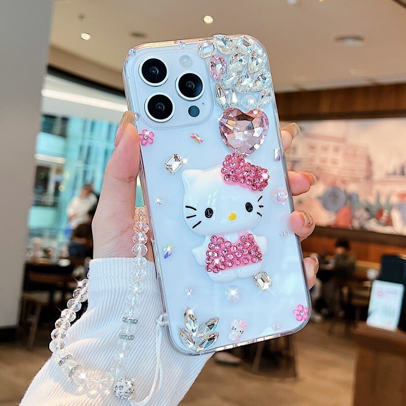 Japanese and Korean Heart-Shaped Pink Diamond Phone Case for Apple 17Pro Iphone16Max Cute 15Kt Cat 14 Protective Cover