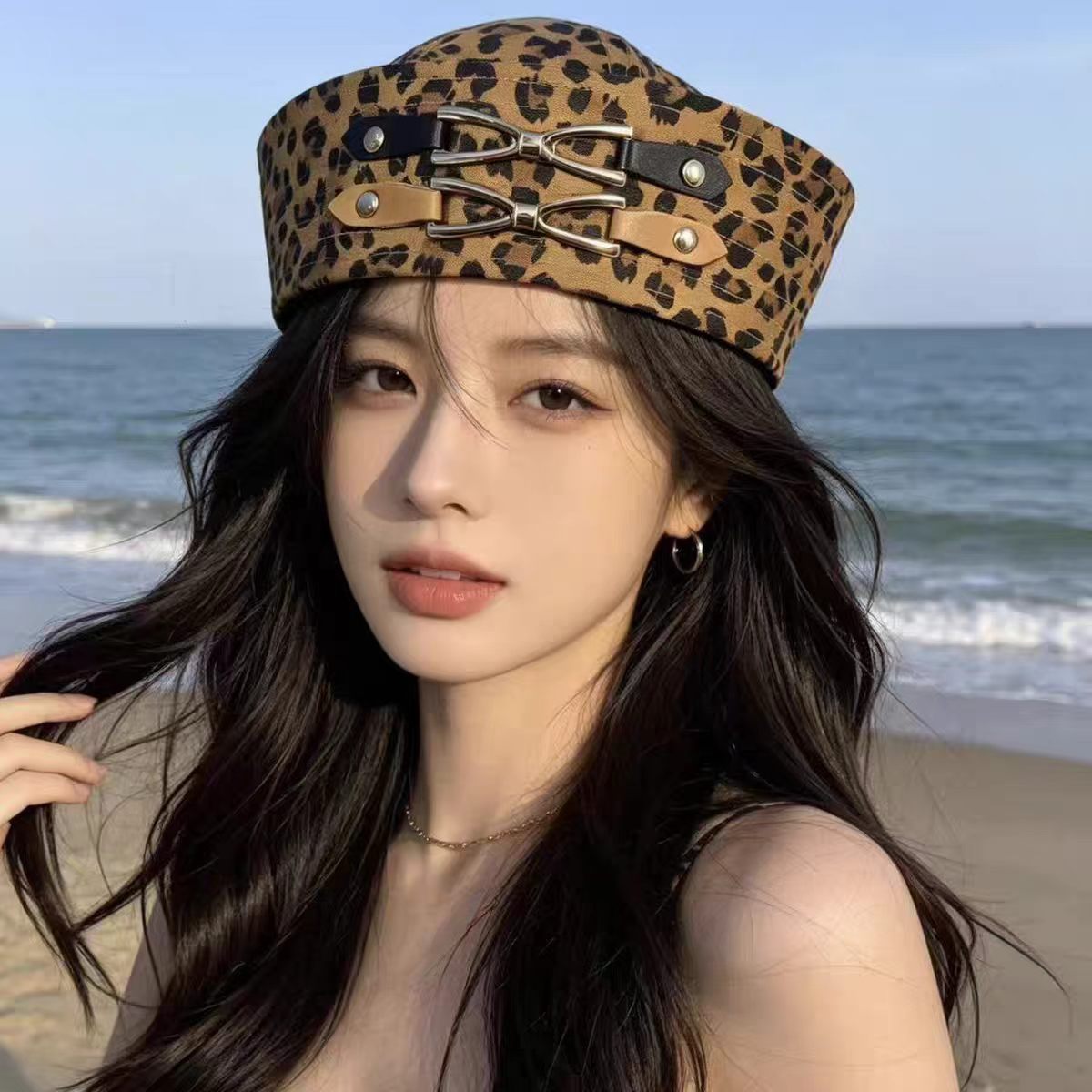 레오파드 프린트 레이스 진주 빈티지 네이비 모자