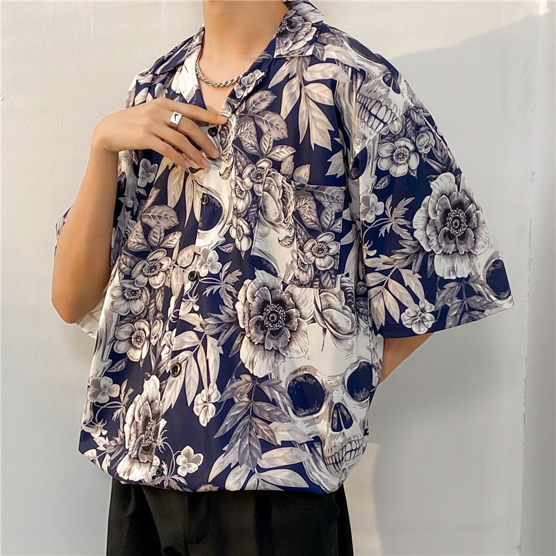 Skull Floral Plus-Size Vintage Short-Sleeve Cuban Collar Shirt for Men and Women, Japanese Retro Thai Hawaiian Style