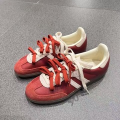 复古红色德训鞋女2025秋季百搭拼色休闲运动鞋平底阿甘鞋真皮板鞋