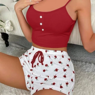 亚马逊欧美热销新款休闲舒适上衣短裤坑条碎花可外穿家居服两件套