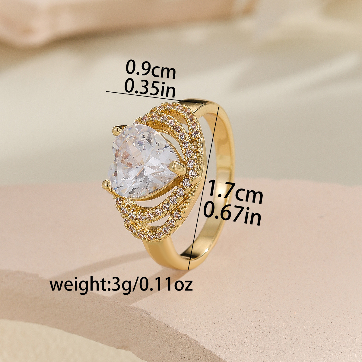6g Weight Zircon Inlay Material Copper Plating Heart Shape Zircon Rings