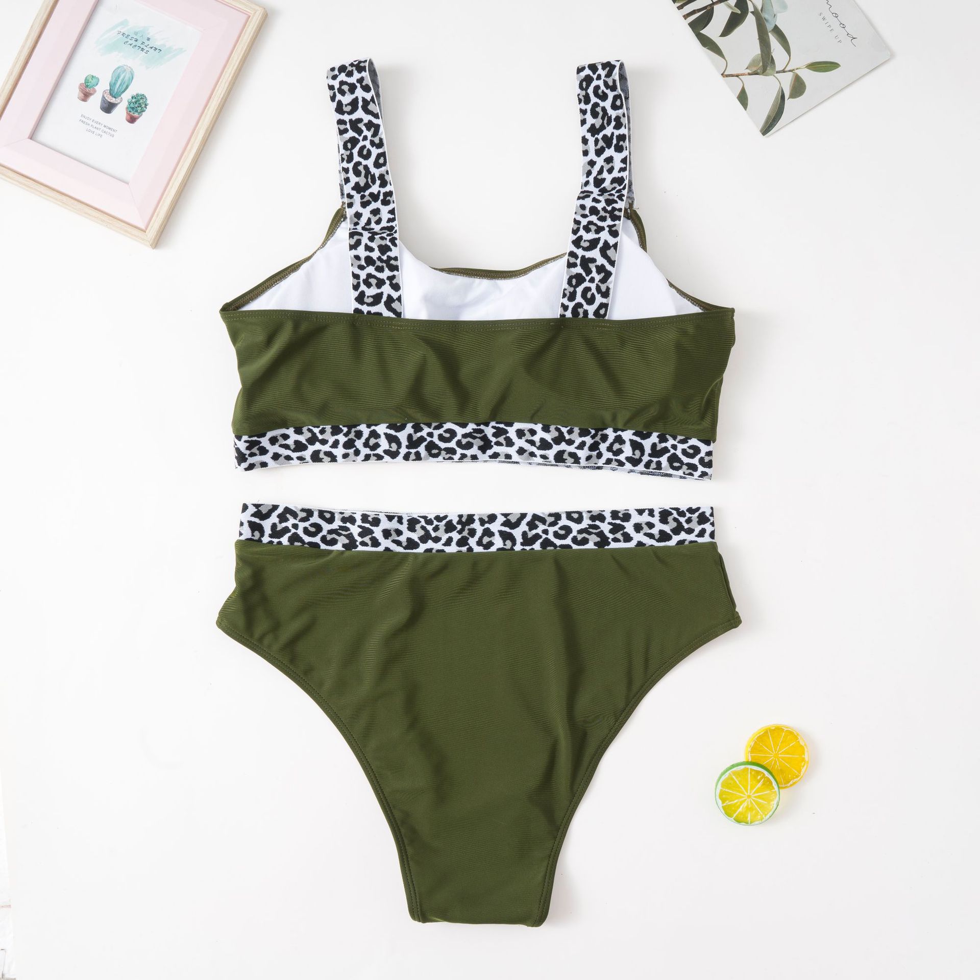 New European American Style Plus-Size Tank Top Bikini With Solid Color And Leopard Print, High-Waisted, Popular On_ecoleips.com