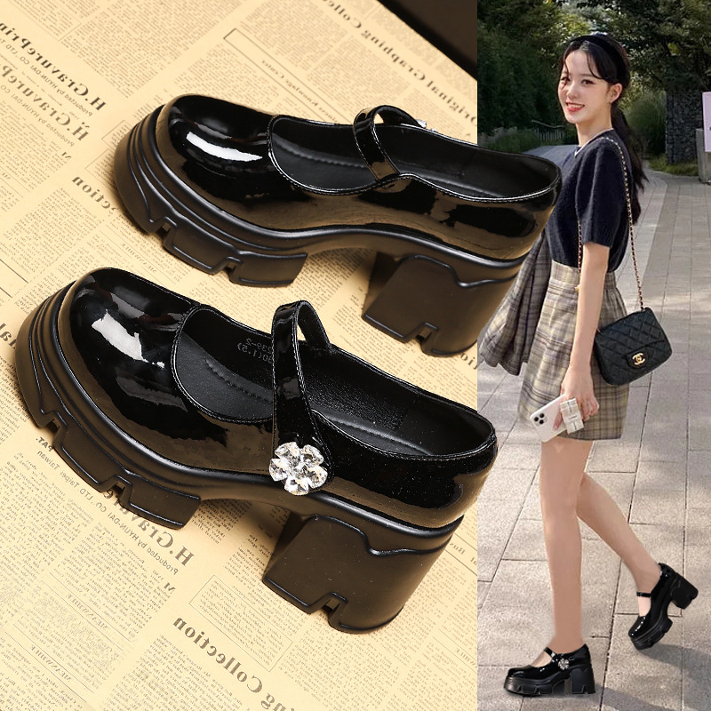 Giày sandal cao gót nữ quai ngang gót thô đế dày tăng chiều cao phong cách học đường — Màu be, Màu đen