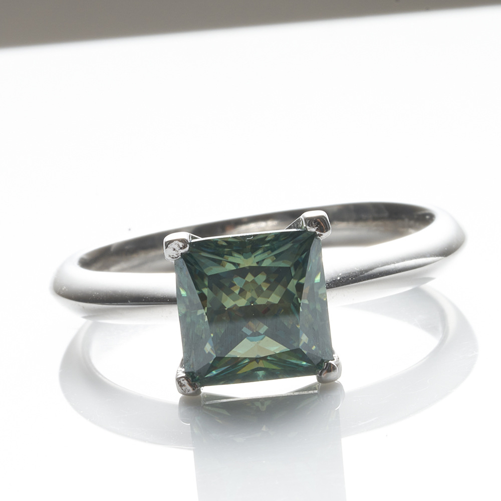 Anillo de plata 925 mujer desnuda cuatro garras 1 quilates 2 quilates azul-verde princesa anillo de piedra de mozanita