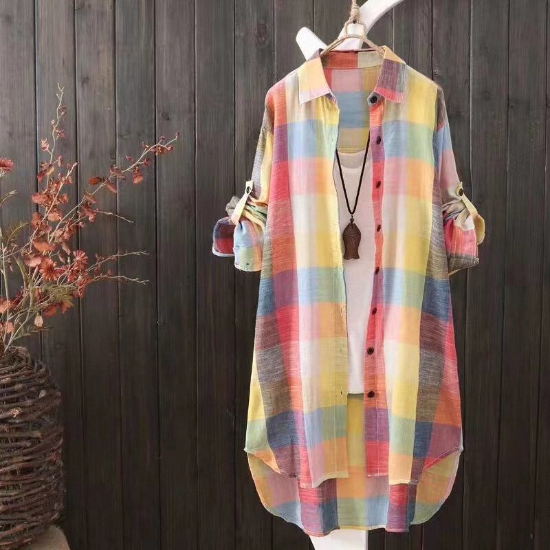 Summer 2026 New Design Korean Style Versatile Loose Mid-Length Plaid Shirt for Women Plus Size Sun Protection Top Summer 2026 New Design Korean Style Versatile Loose Mid-Length Plaid Shirt for Women Plus Size Sun Protection Top