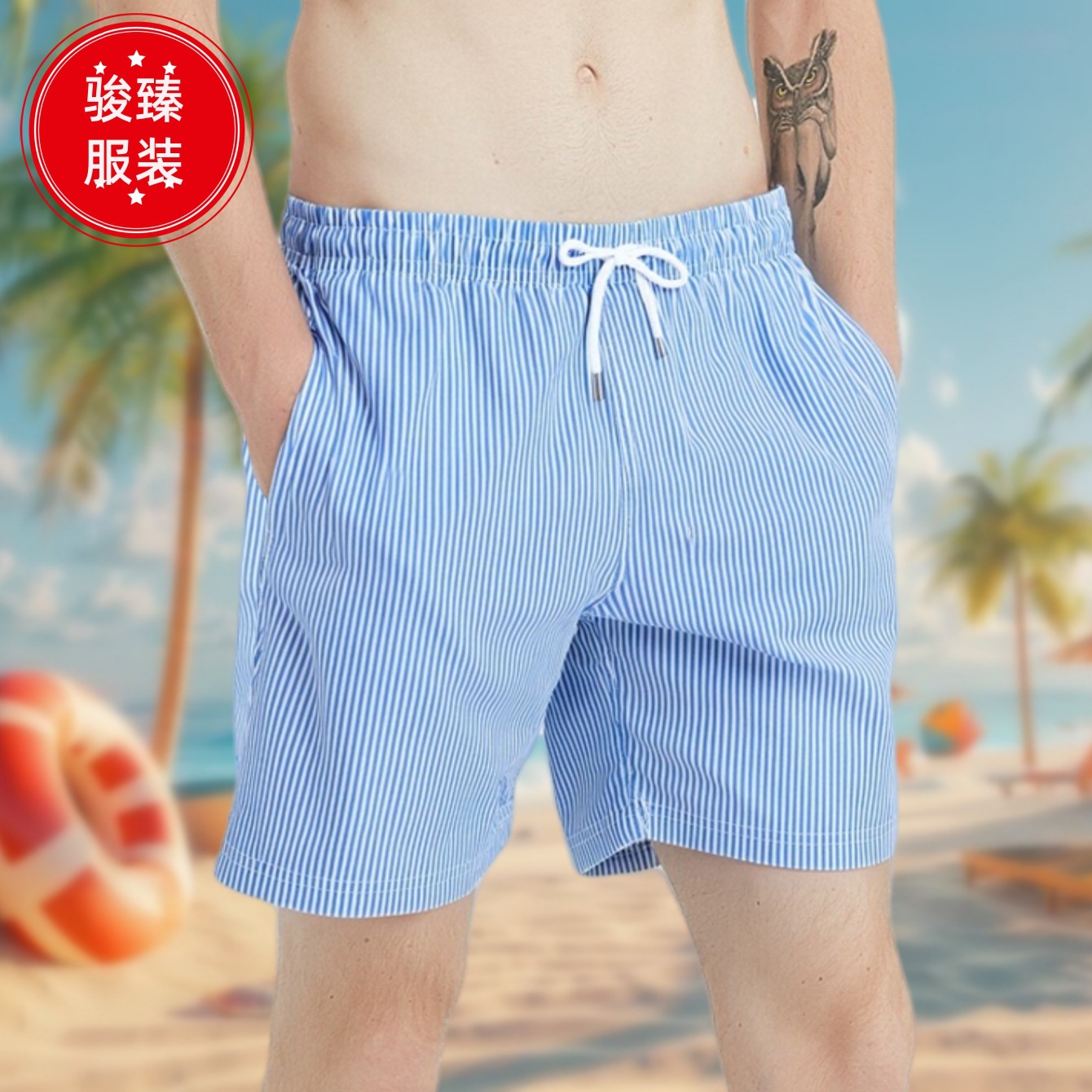 Cross-Border New Men's Swim Trunks Anti-Embarrassment Large Size Boxer Shorts Hot Spring Beach Shorts Men's Striped Shorts