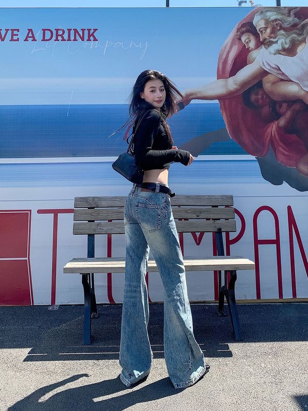 美式低腰直筒牛仔裤女2025年秋季新款重工水洗蓝辣妹喇叭拖地裤子|undefined