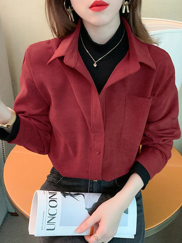 Corduroy Red Shirt for Women Autumn and Winter 2025 New Retro Elegant Brushed Layered Design Fake Two-Piece Top
