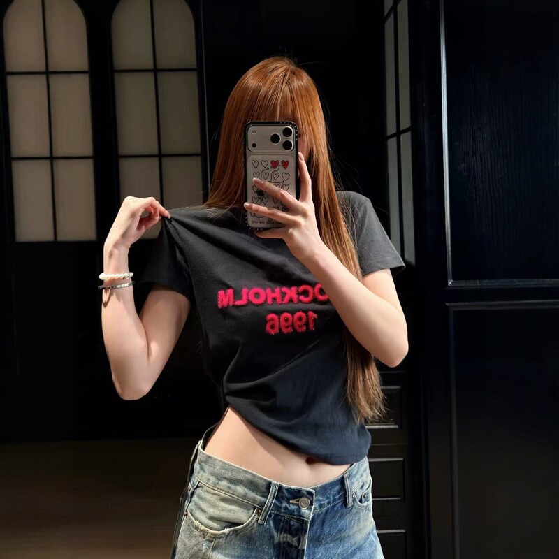 Ac Style 1996 Flocked Lettering Round Neck Pure Cotton Slim Fit Short-Sleeved Women's T-Shirt 2026 New Hot Girl Style Long-Sleeved Shirt
