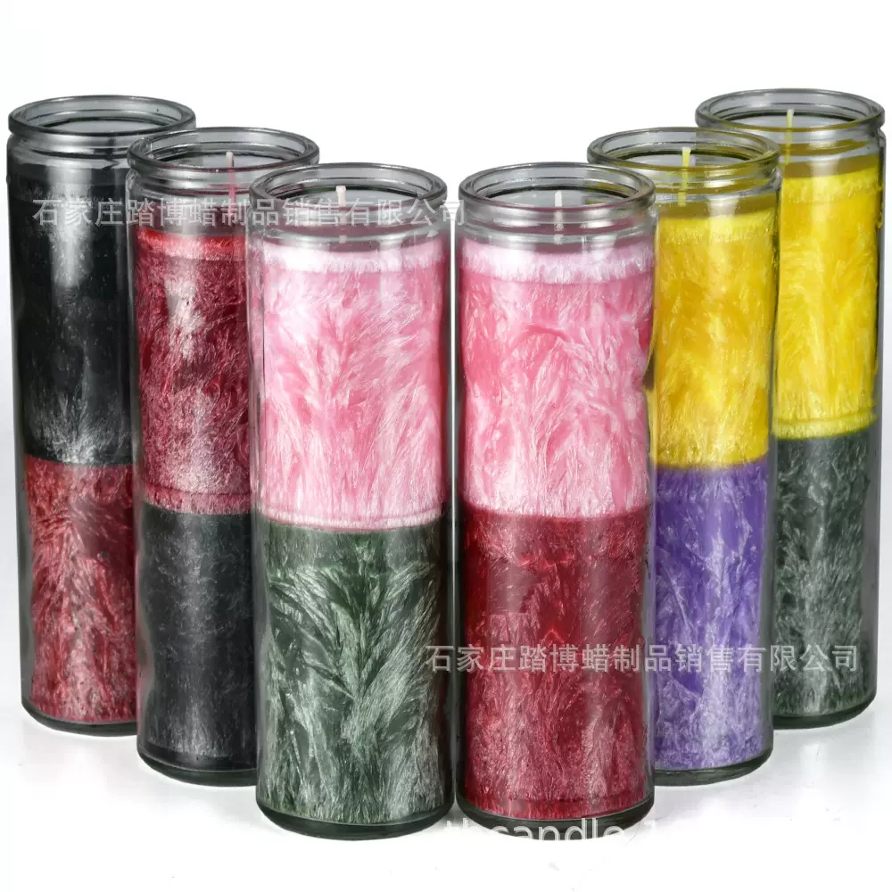 冰花七天蜡玻双色宗教蜡烛彩色蜡烛  黄绿拼色蜡烛 红黑拼色蜡烛