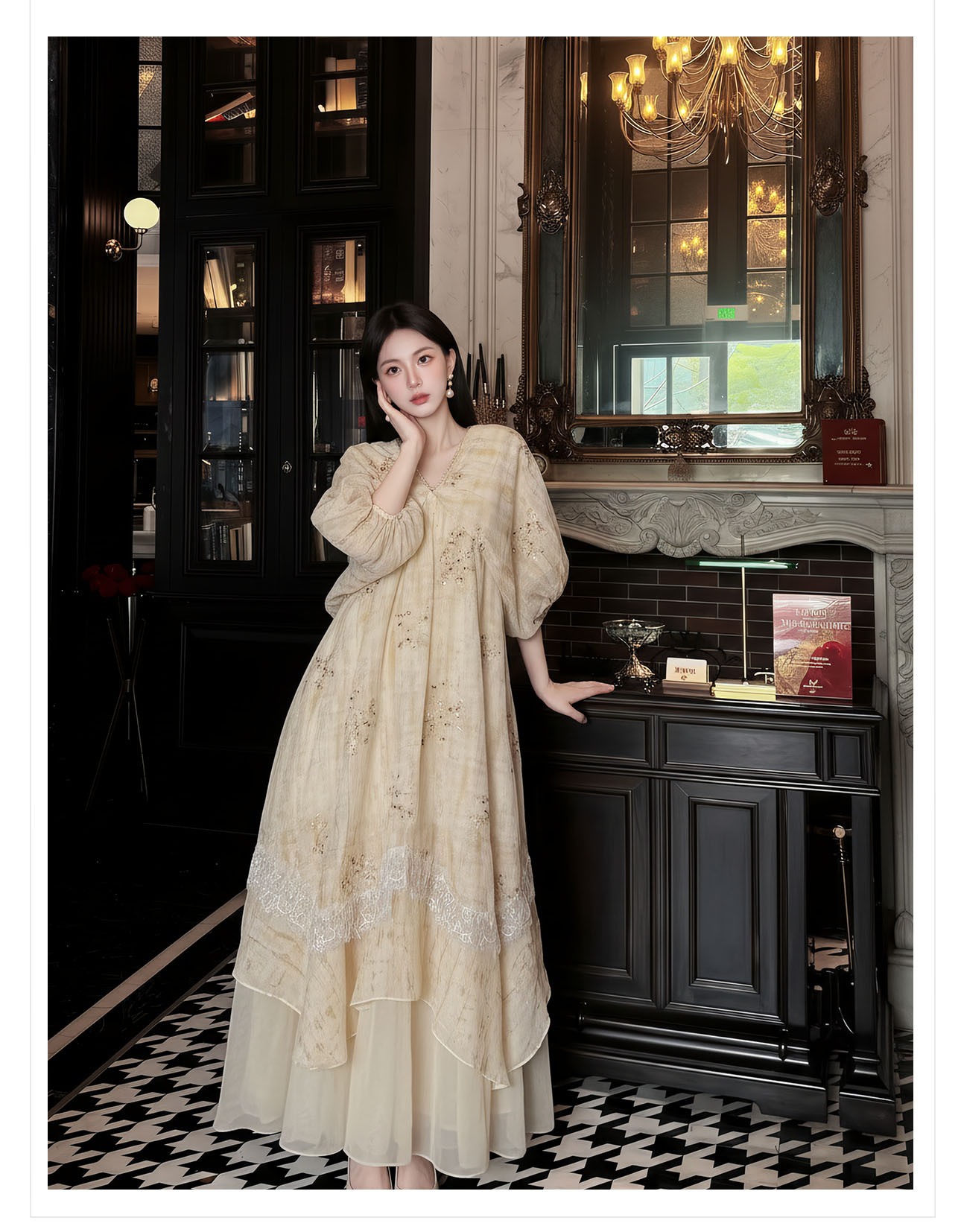 Đầm maxi nữ thắt eo phong cách Tân Trung Hoa, tay ngắn, cổ viền ren, thêu hoa tinh tế — màu trắng ngà chi tiết 12