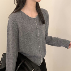 之言25秋冬季女羊毛衫韩系百搭圆领花边刺绣100羊毛针织开衫毛衣